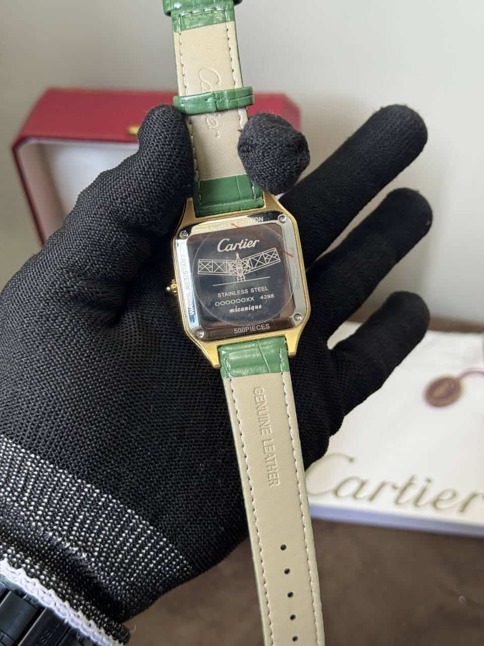 Cartier Santos Dumont Green Leather Strap Quartz Watch