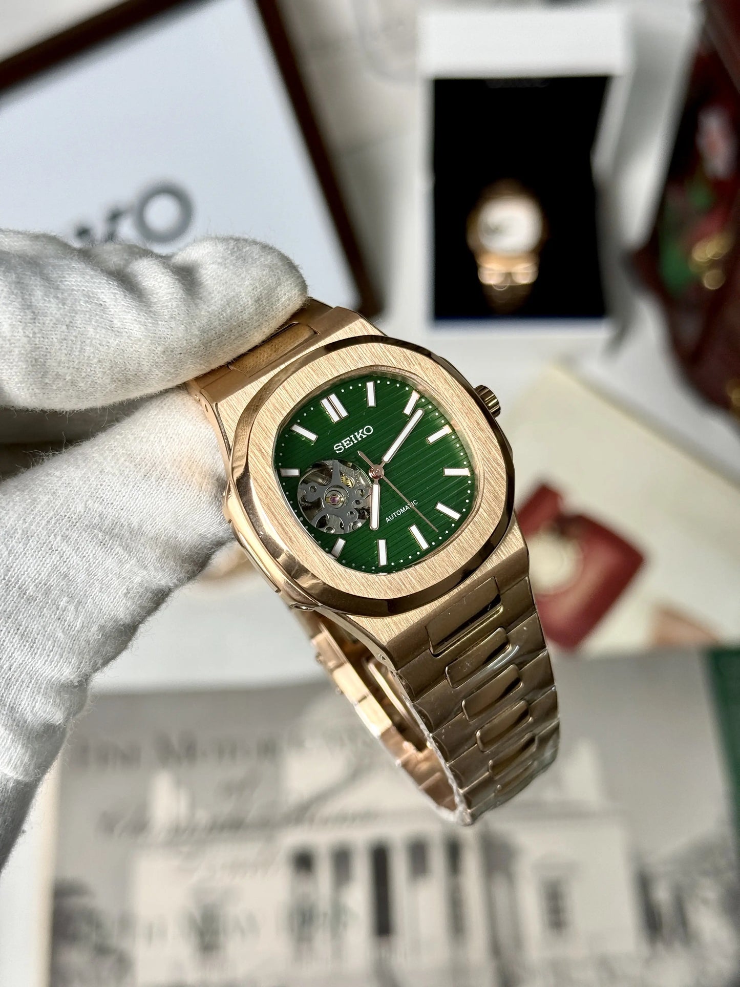 Seiko Nautiko Rose Gold Green Open Heart