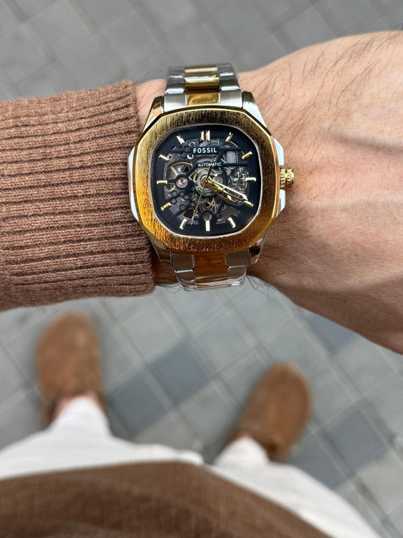 Fossi l Skeleton Square Automatic Gold Two Tone Black Dial
