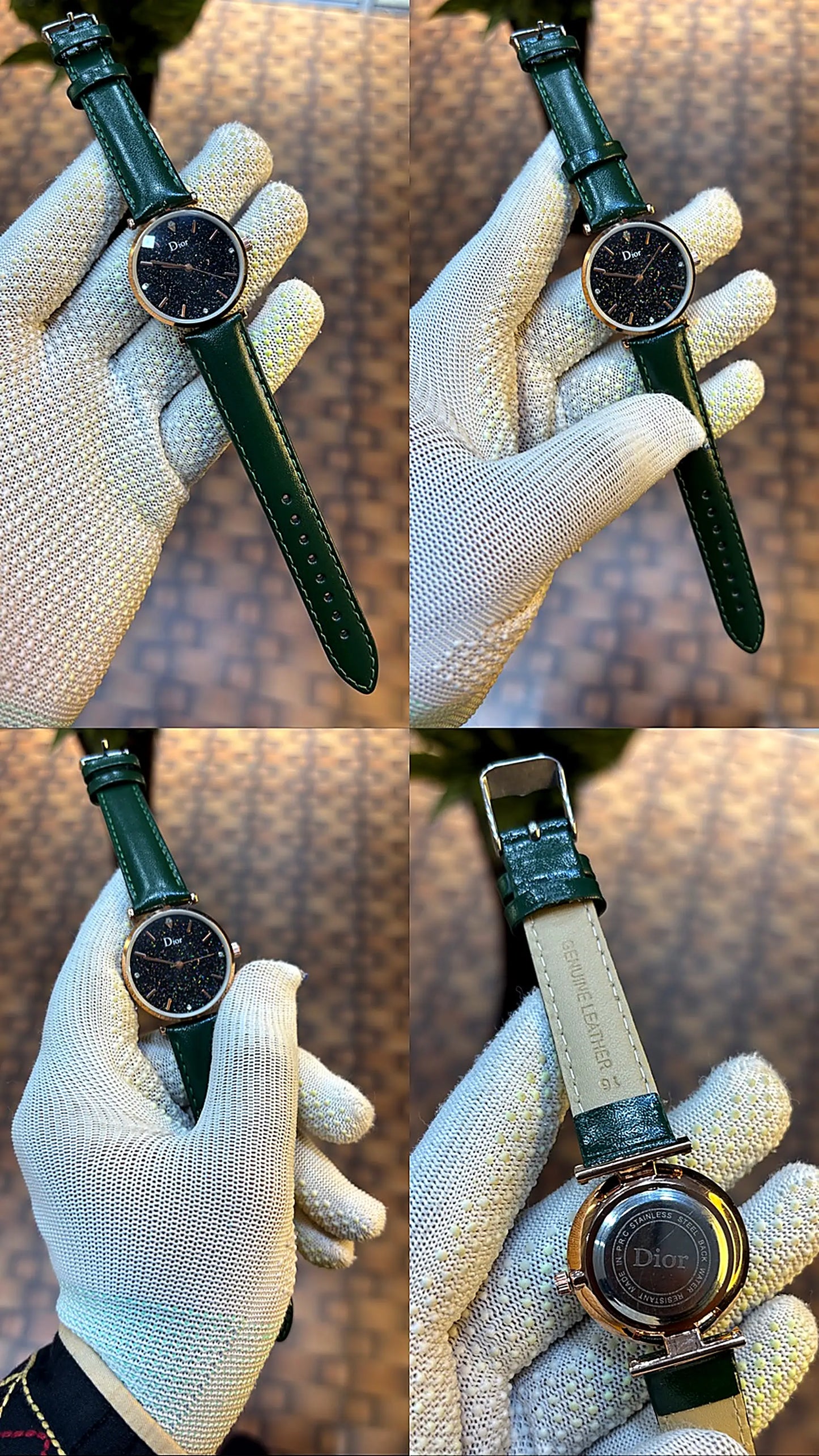 Dior Starry Night Black Dial Rose Gold Green Leather Strap Watch for Women