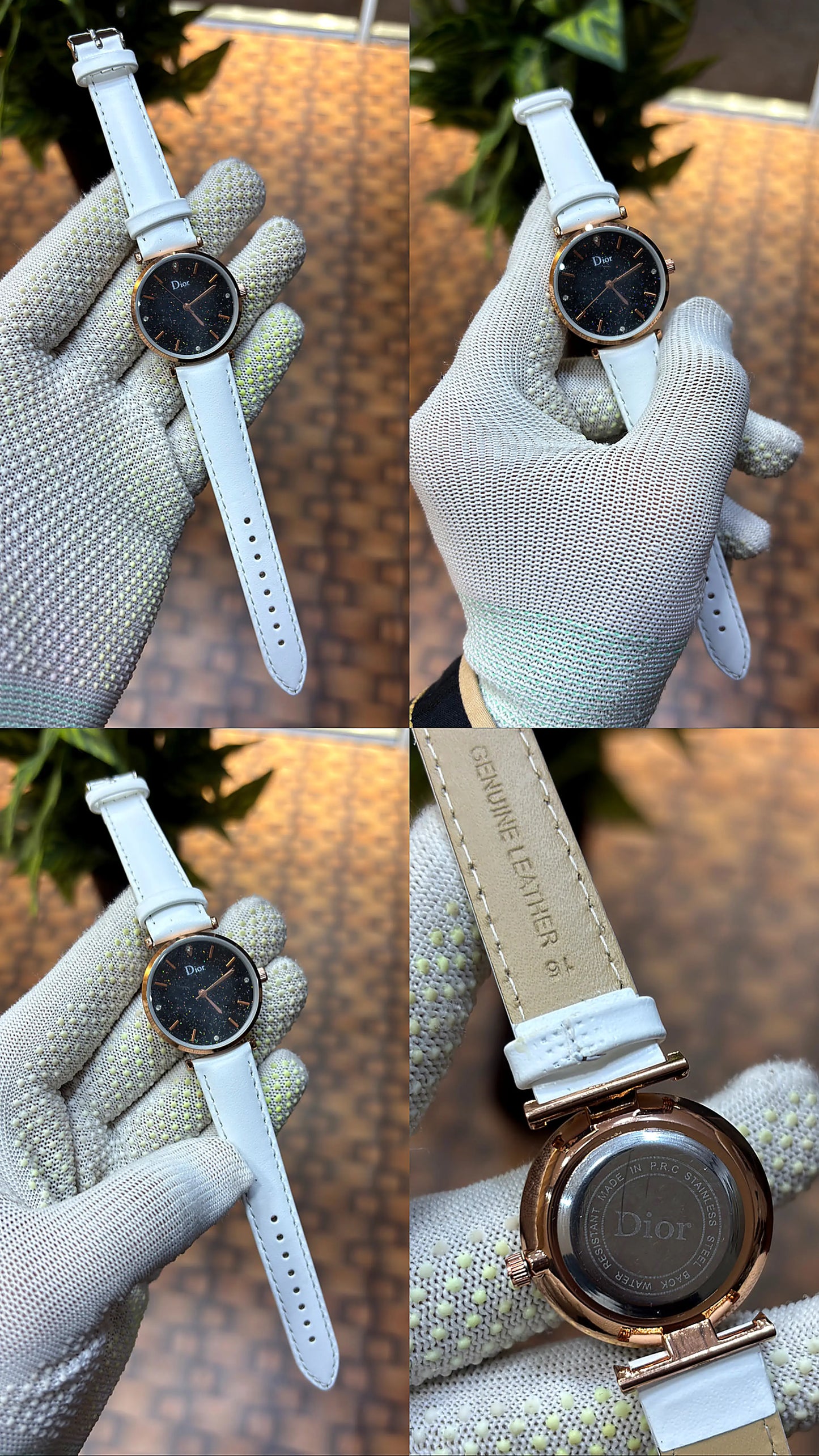Dior Starry Night Black Dial Rose Gold White Leather Strap Watch for Women