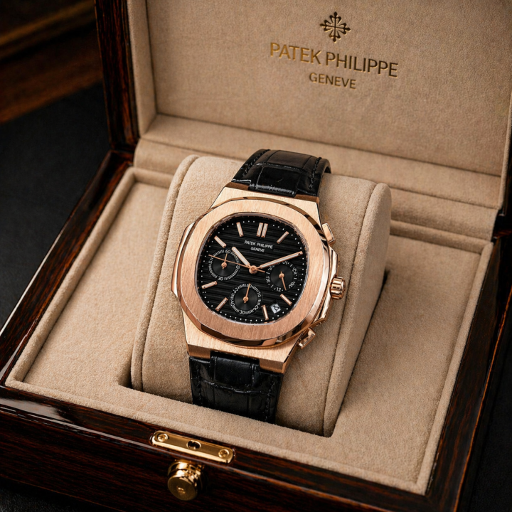 Patek_Philippe Black Leather Strap Watch