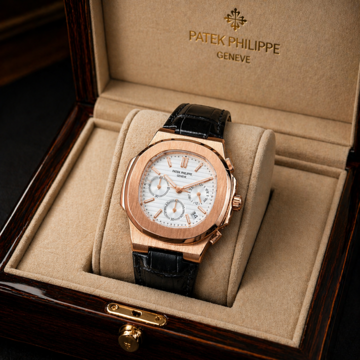 Patek_Philippe Black Leather Strap Watch