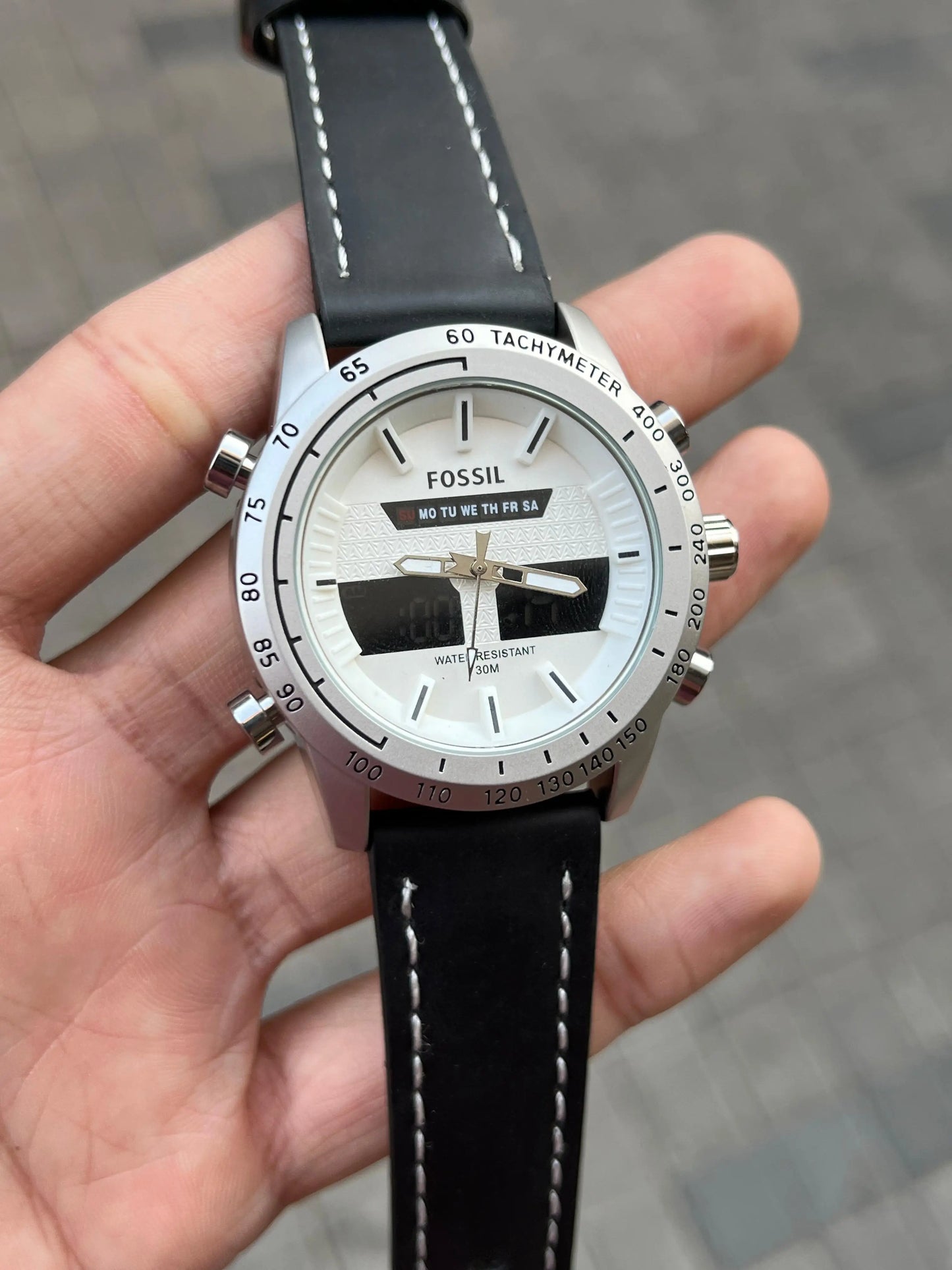 Fossi l Dual Time Silver White Black Belt
