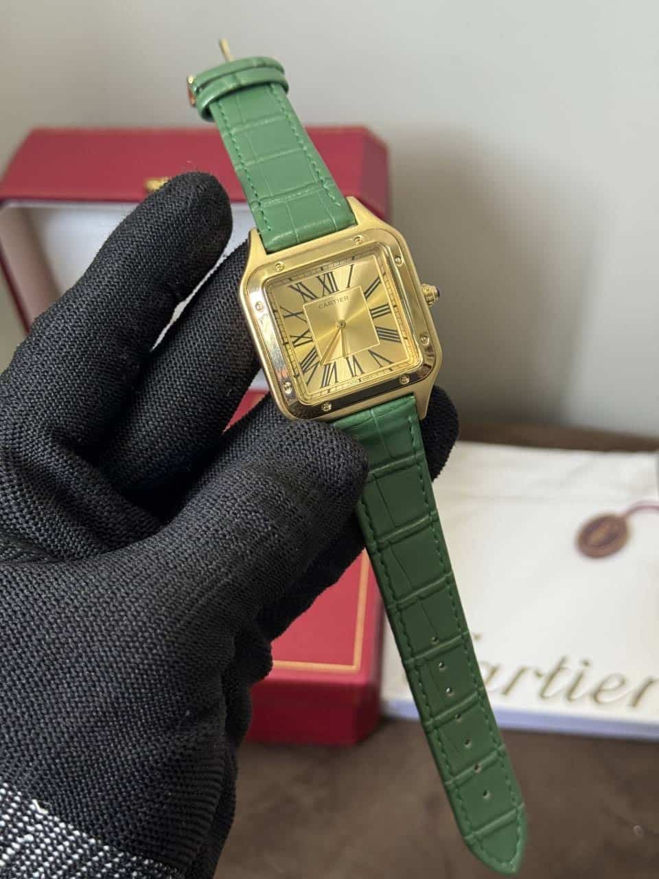 Cartier Santos Dumont Green Leather Strap Quartz Watch