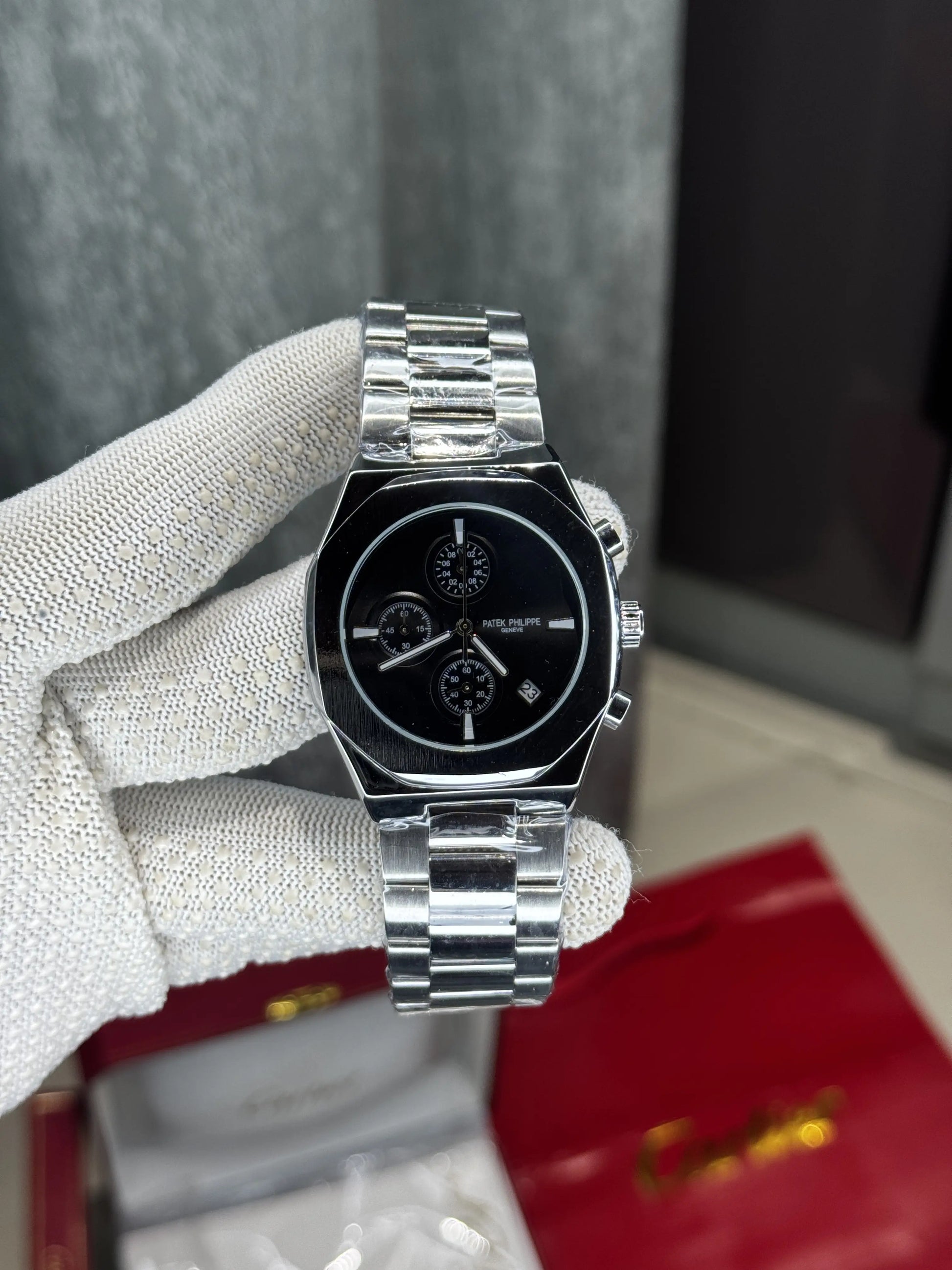 Patek  Philippe Silver Black Chronograph Premium Watch