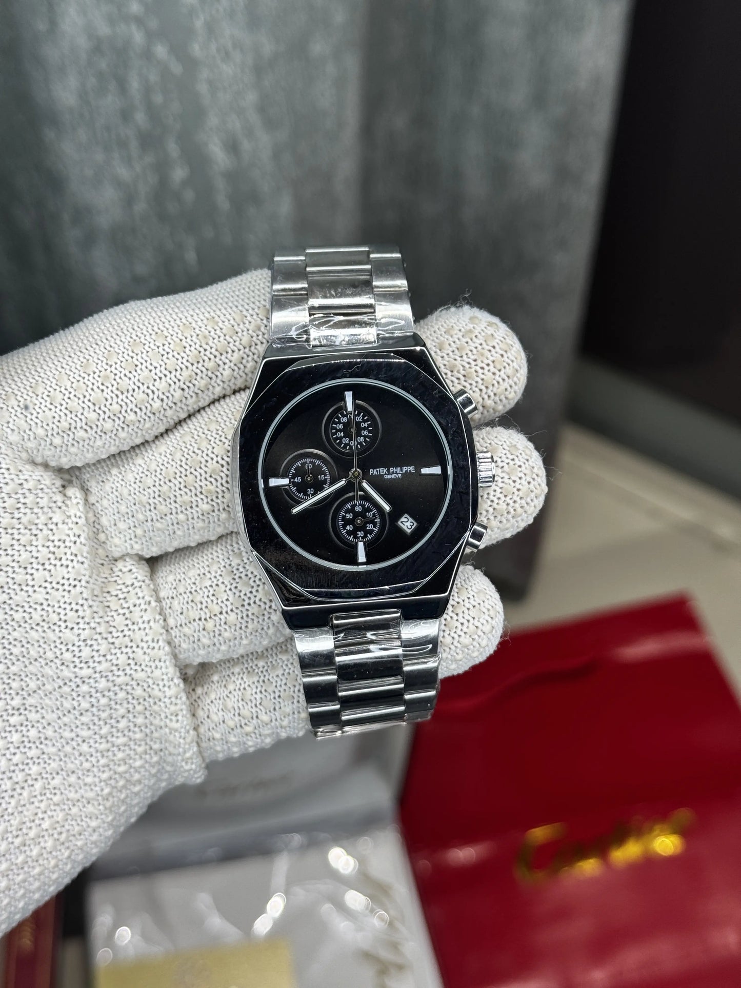 Patek  Philippe Silver Black Chronograph Premium Watch