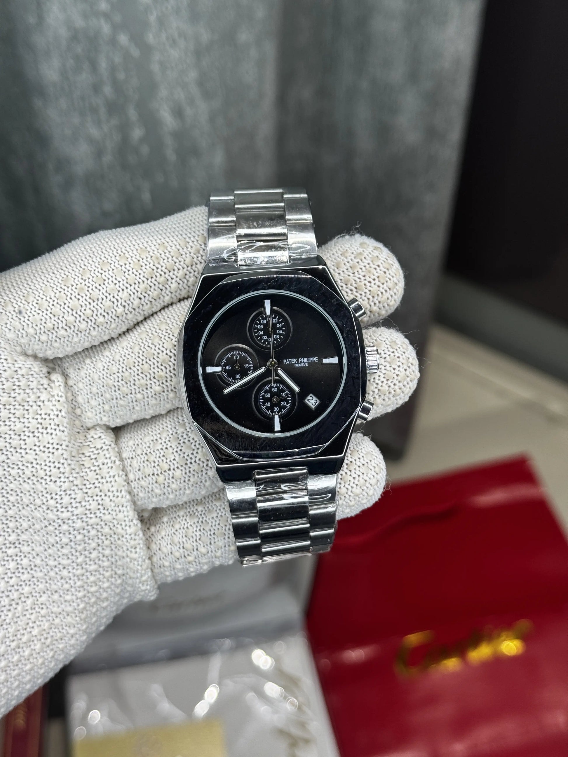 Patek  Philippe Silver Black Chronograph Premium Watch