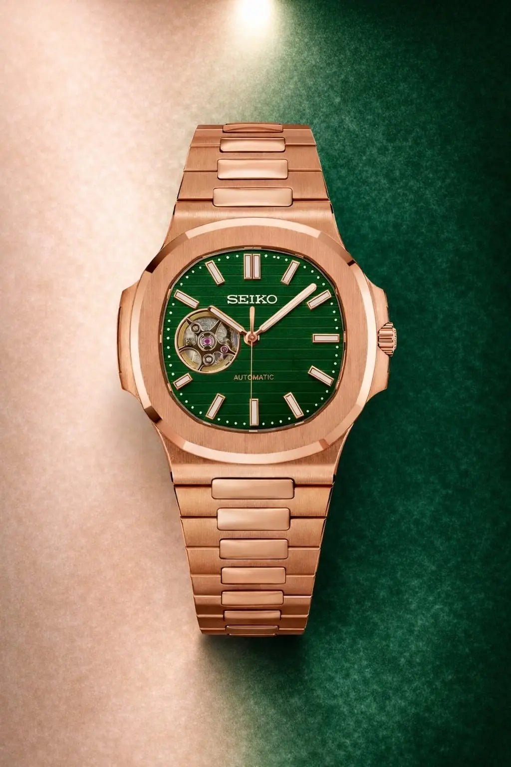 Seiko Nautiko Rose Gold Green Open Heart