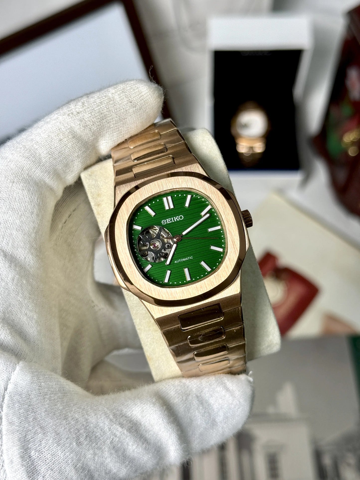 Seiko Nautiko Rose Gold Green Open Heart