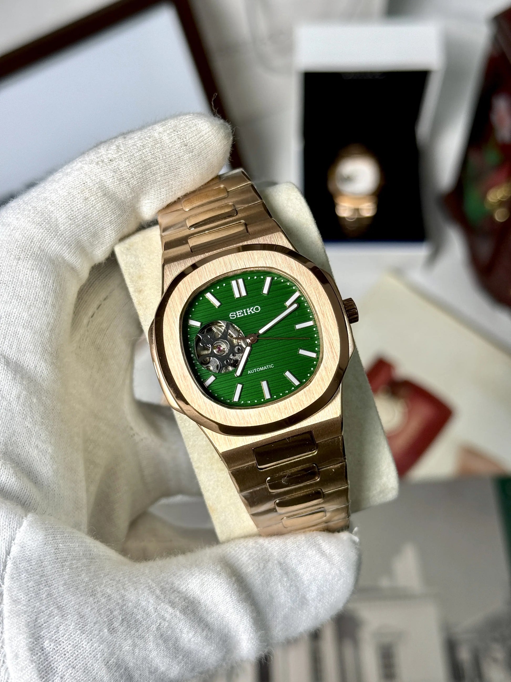 Seiko Nautiko Rose Gold Green Open Heart