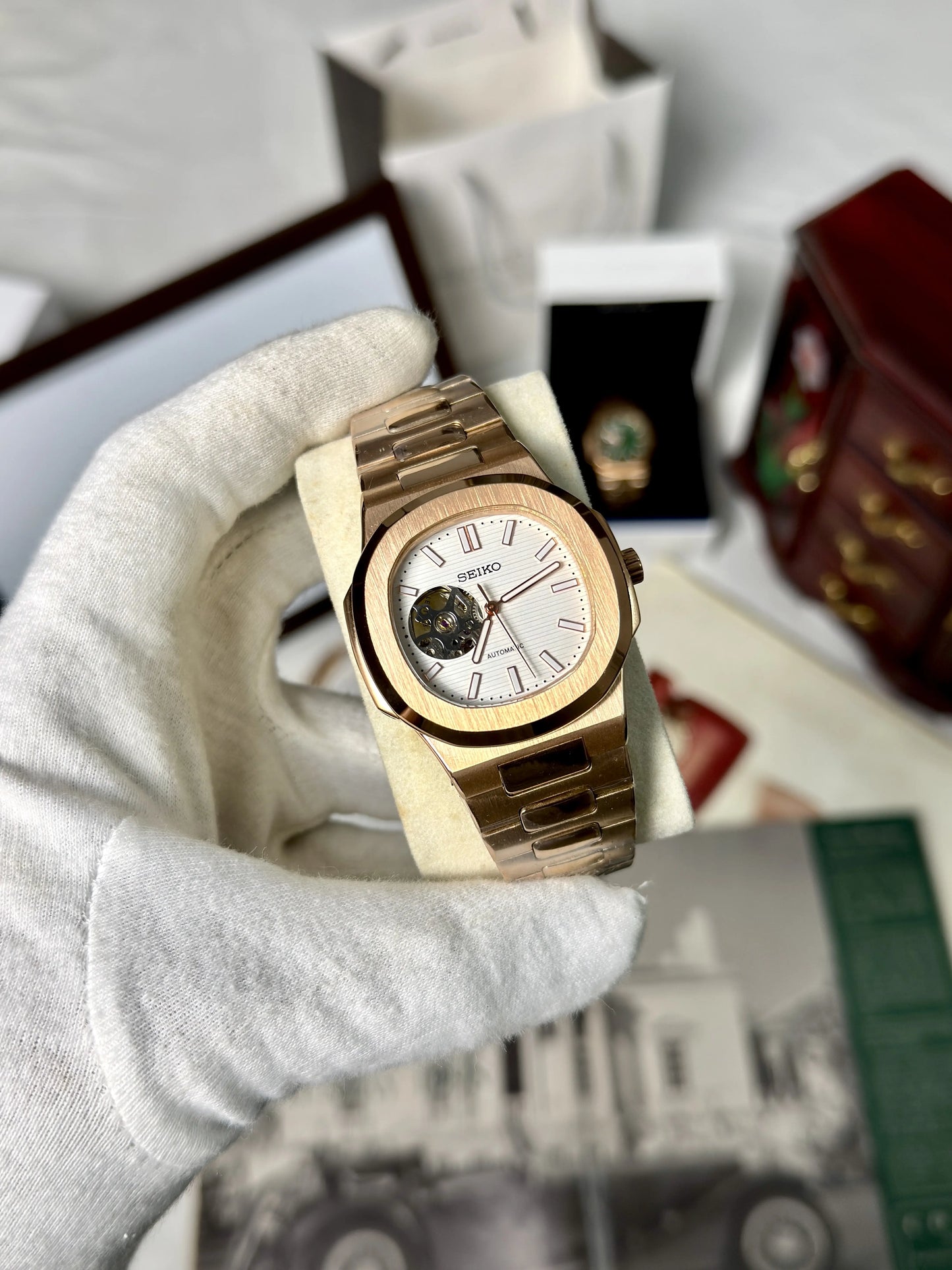 Seiko Nautiko Rose Gold White Open Heart