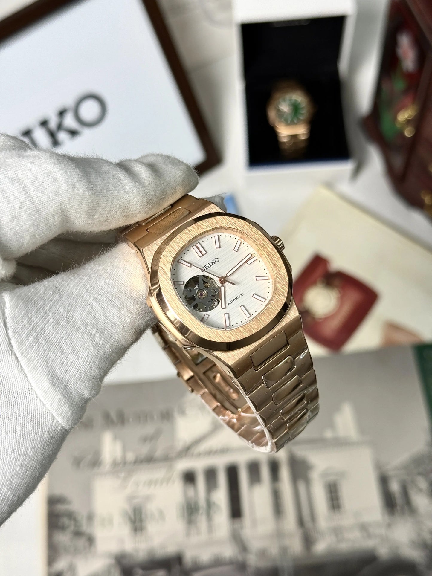 Seiko Nautiko Rose Gold White Open Heart