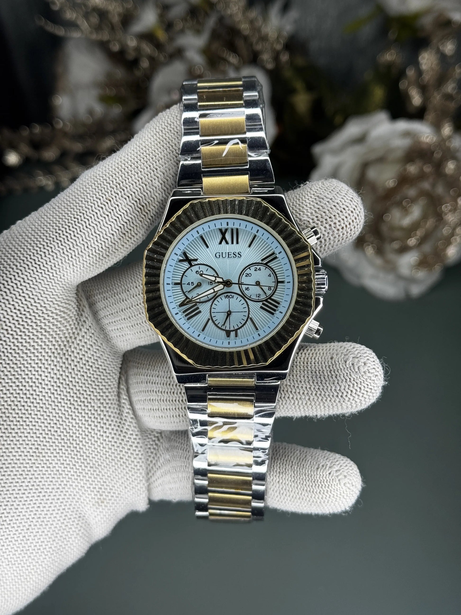 Gues s Equity Dual Tone Tiffany Blue Premium Chronograph Watch