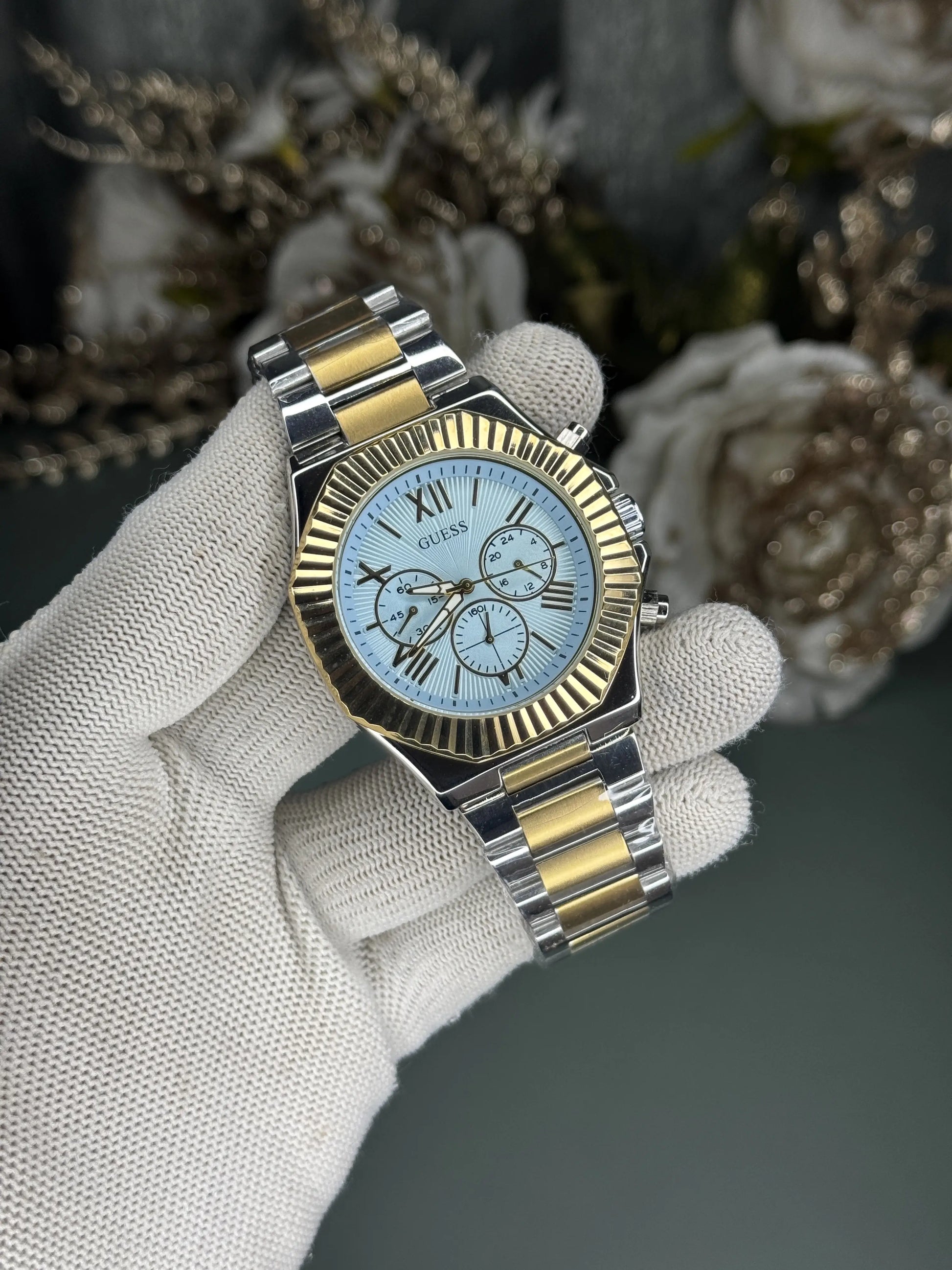 Gues s Equity Dual Tone Tiffany Blue Premium Chronograph Watch