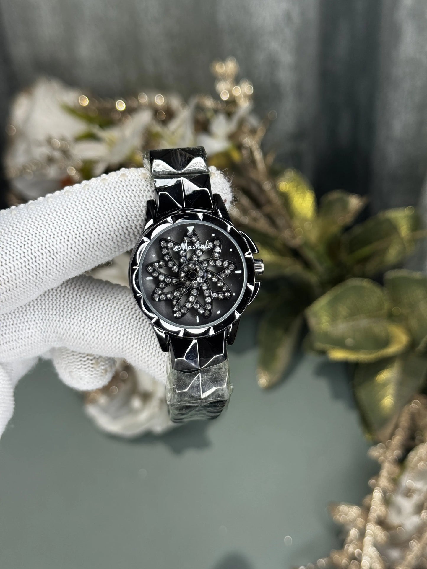 Mashali All Black Rotating Floral  Premium Watch