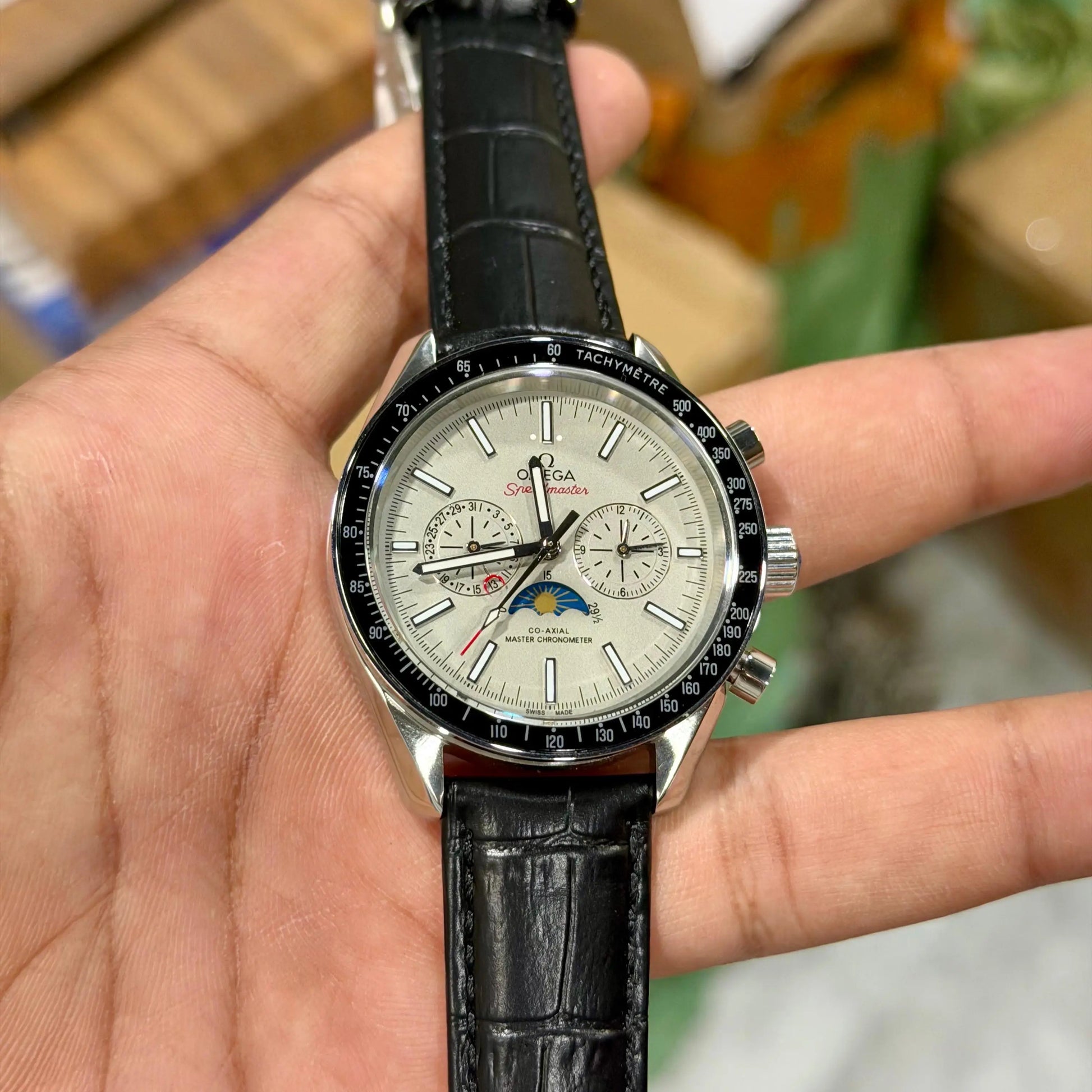 Omega SpeedMaster Moonphase Black Leather Automatic