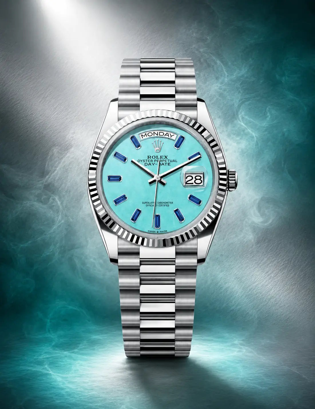 ROLEX DAY DATE 36 TURQUOISE WITH BLUE BAGUETTE HOUR MARKERS