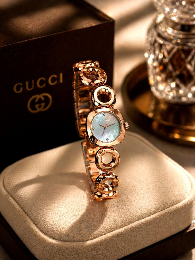 Gucci blue dial rose gold bracelet chain ladies watch