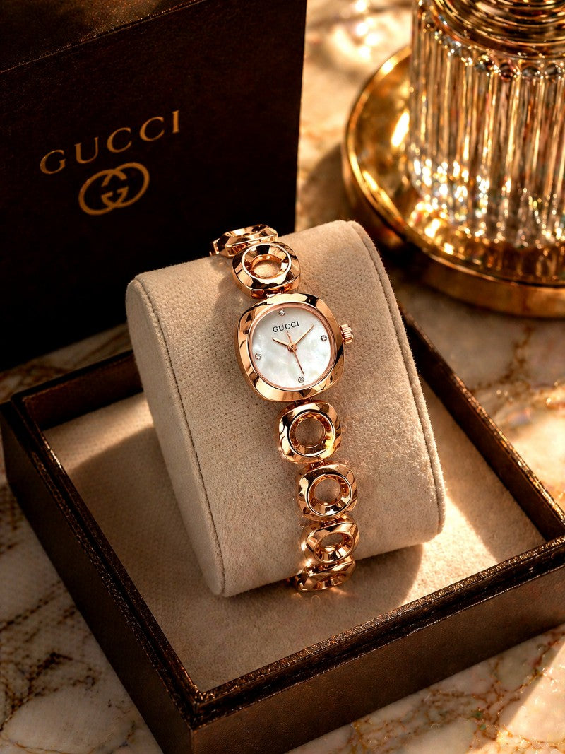 Gucci White Dial Rose Gold Bracelet Chain Ladies Watch