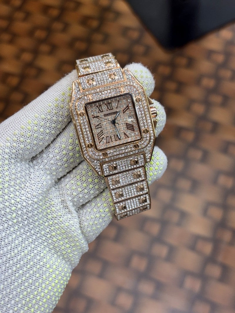 Cartier Santos luxury diamond rose gold dial stainless Steel Rose gold plated watch