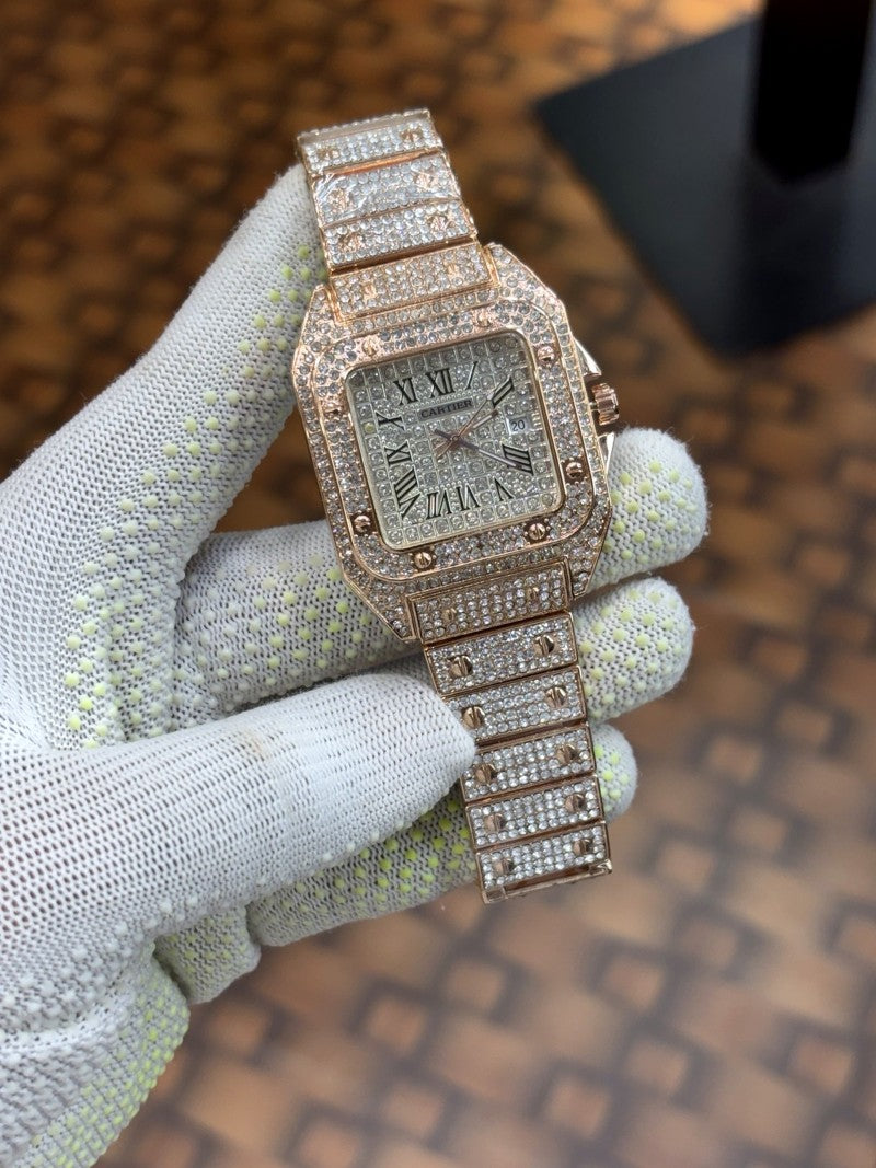 Cartier Santos luxury diamond stainless Steel Rose gold plated watch