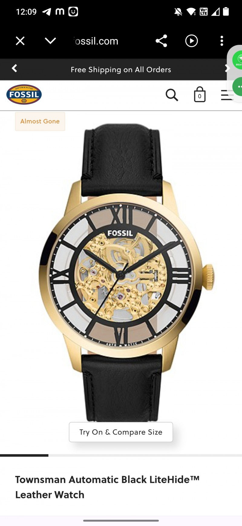fossil,automatic wristwatch townsman black and gold