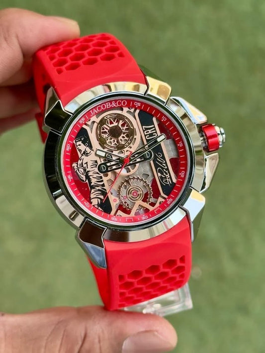 Jacob Co Epic X CR7 limited edition timepiece featuring a skeletonized dial with a red rubber