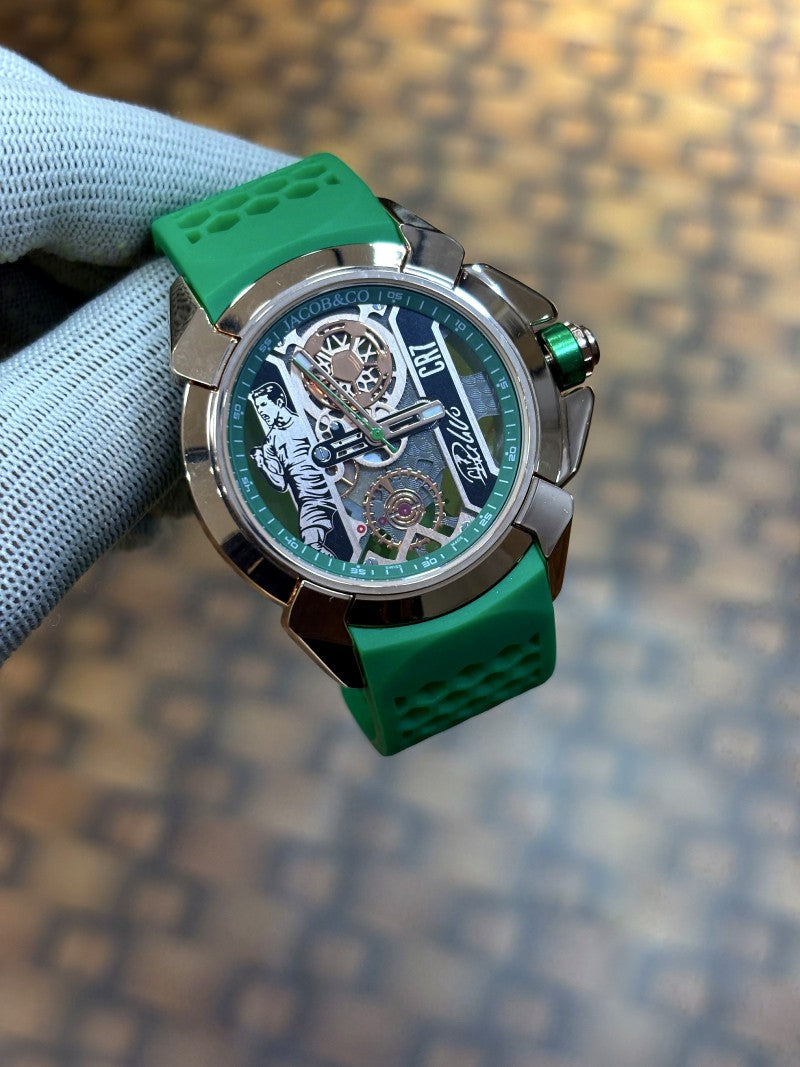 Jacob Co CR7 Limited Edition timepiece featuring skeletonized dial with a green rubber