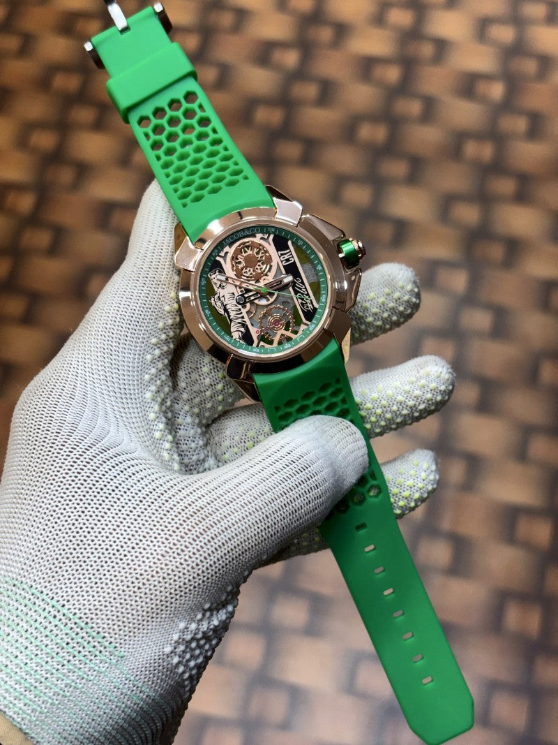 Jacob Co CR7 Limited Edition timepiece featuring skeletonized dial with a green rubber