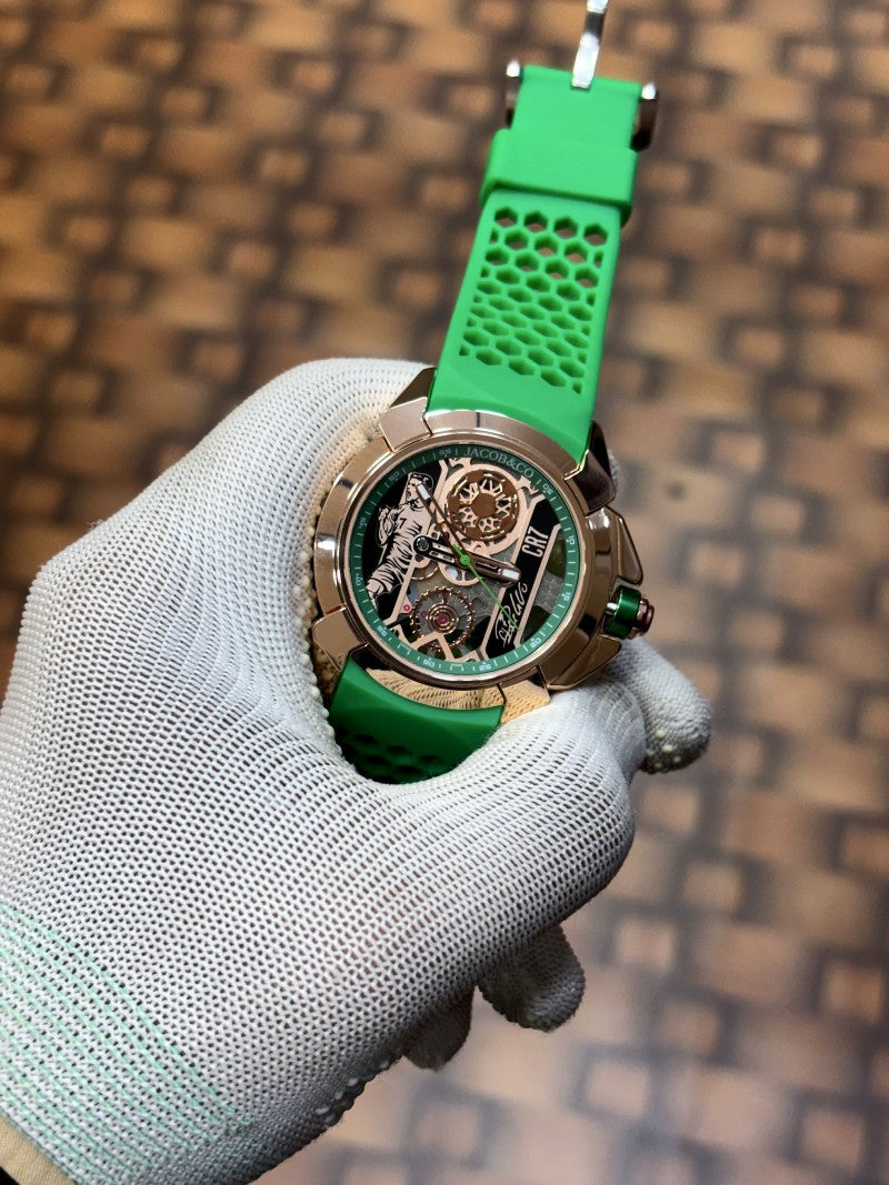 Jacob Co CR7 Limited Edition timepiece featuring skeletonized dial with a green rubber