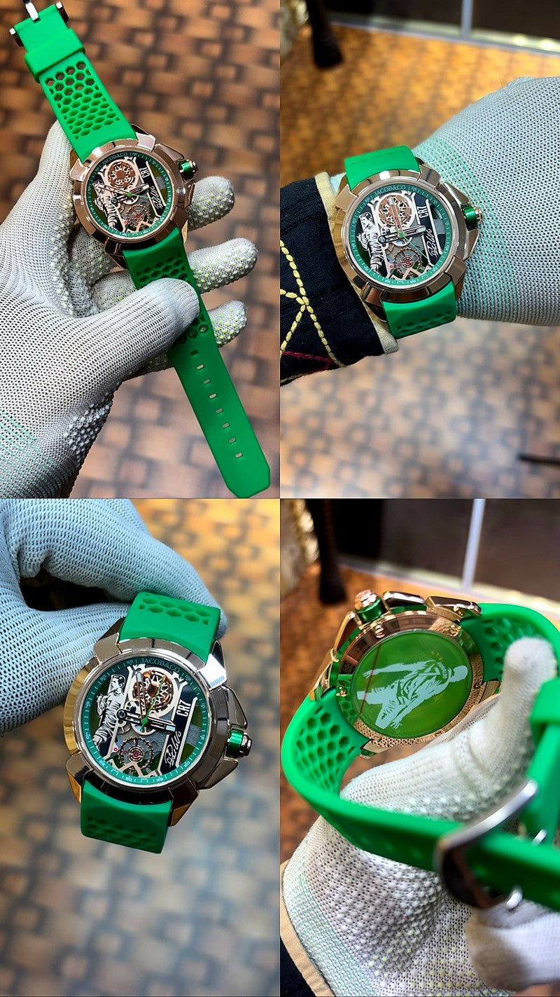 Jacob Co CR7 Limited Edition timepiece featuring skeletonized dial with a green rubber