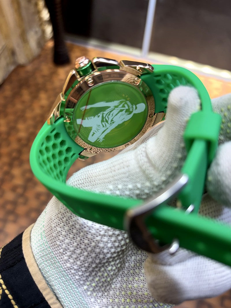 Jacob Co CR7 Limited Edition timepiece featuring skeletonized dial with a green rubber