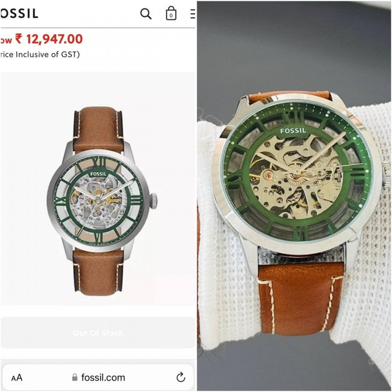 fossil townsman me3234 automatic watch with a green skeleton dial and brown leather strap