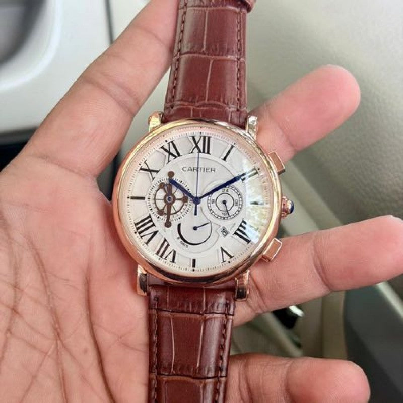 Cartier,pasha chronograph roman dial rose gold leather strap quartz watch