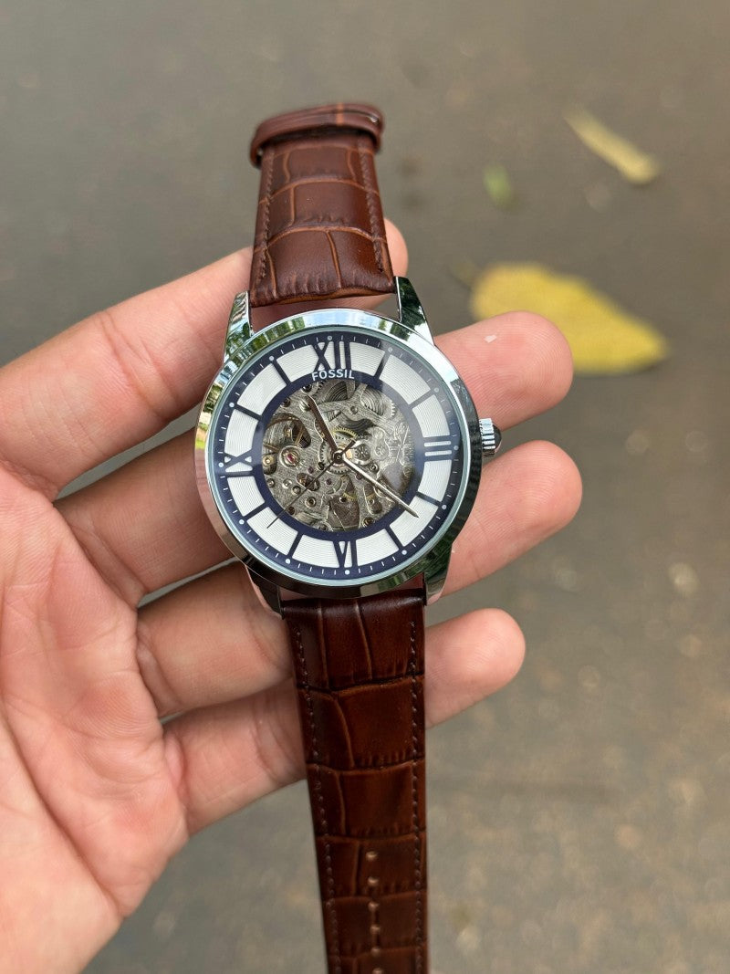 Fossi l Open Machine Automatic Silver Brown Leather