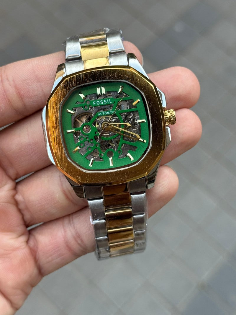 Fossi l Skeleton Square Automatic Gold Two Tone Green Dial