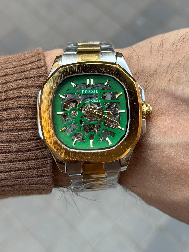 Fossi l Skeleton Square Automatic Gold Two Tone Green Dial