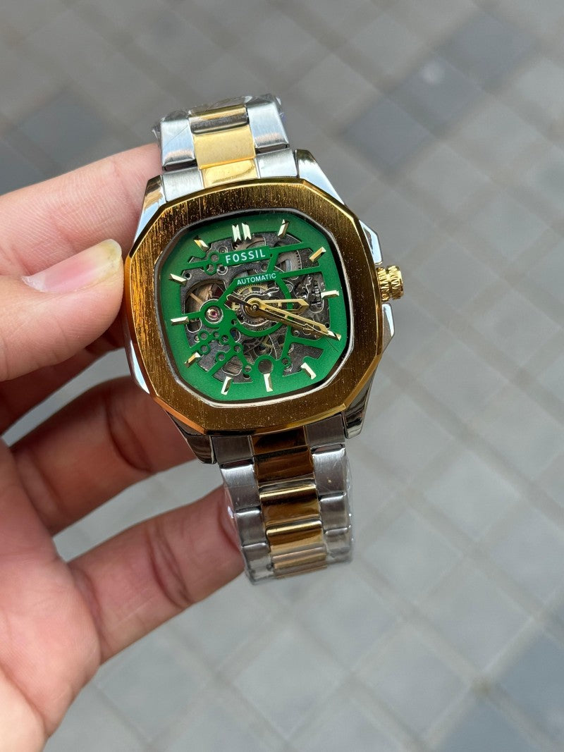 Fossi l Skeleton Square Automatic Gold Two Tone Green Dial