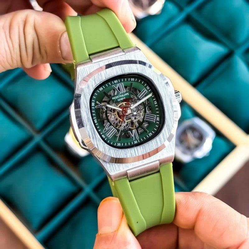 Patek Phillip e Nautilus Skeleton Silicone Silver Green