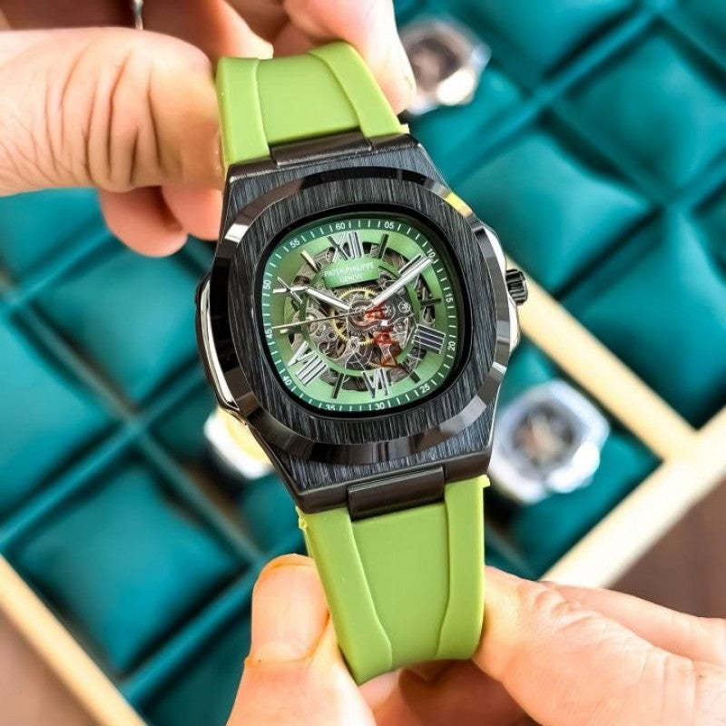 Patek Phillip e Nautilus Skeleton Silicone Black Green