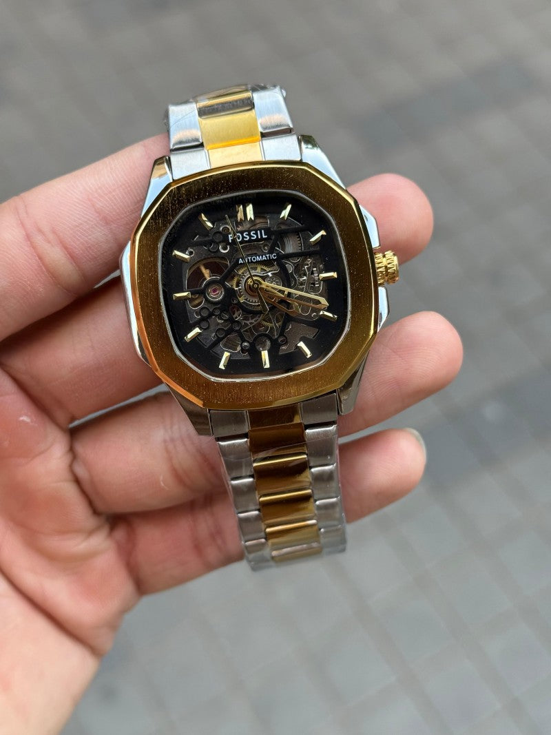 Fossi l Skeleton Square Automatic Gold Two Tone Black Dial