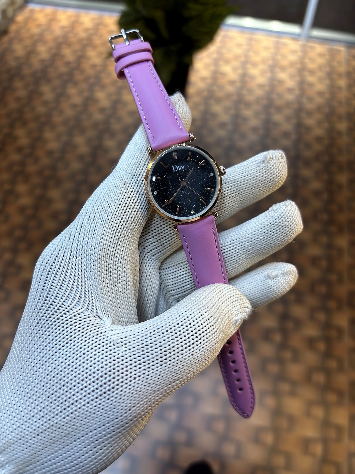 Dior Starry Night Black Dial Rose Gold Pink Leather Strap Watch for Women