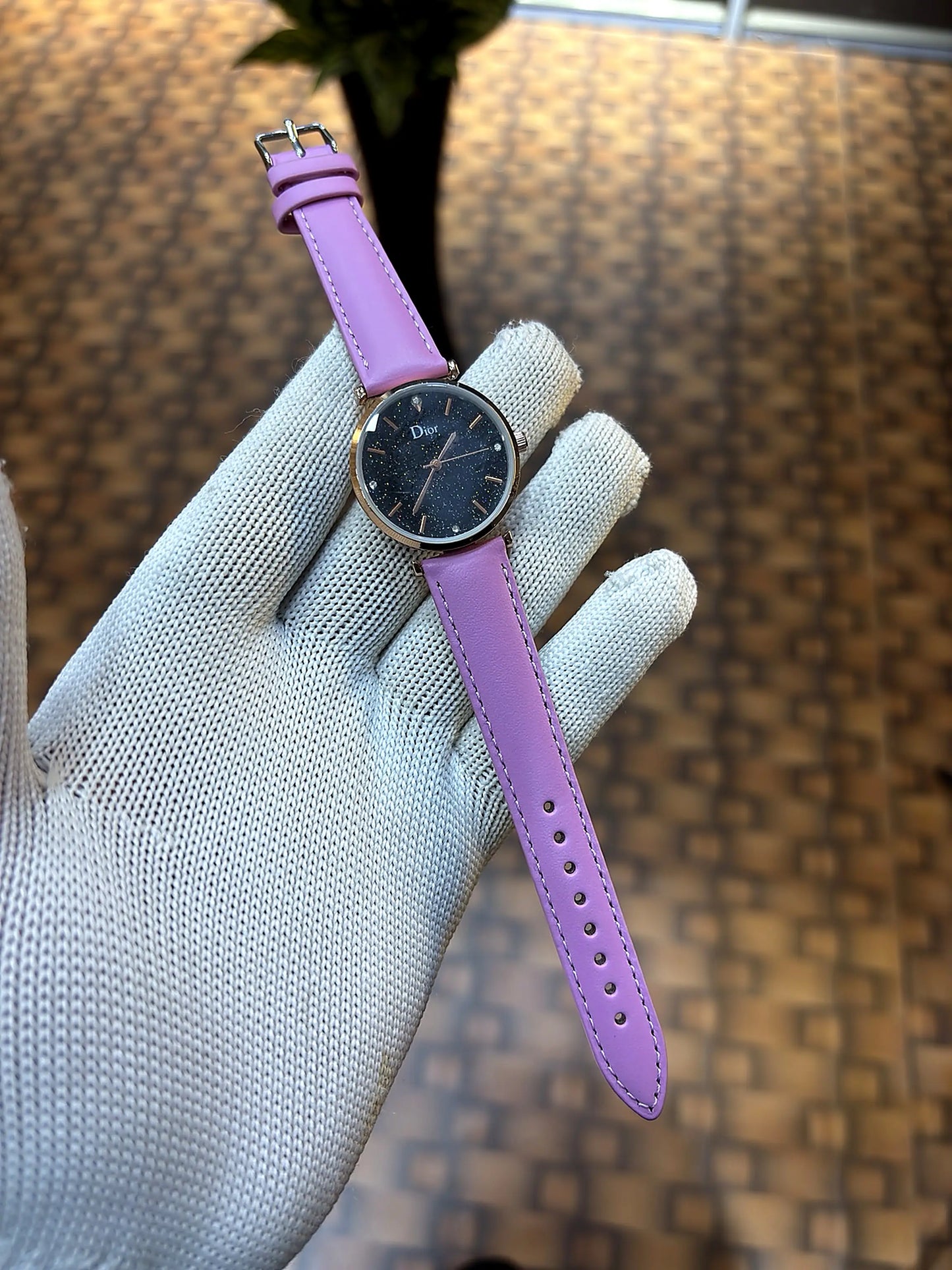 Dior Starry Night Black Dial Rose Gold Pink Leather Strap Watch for Women