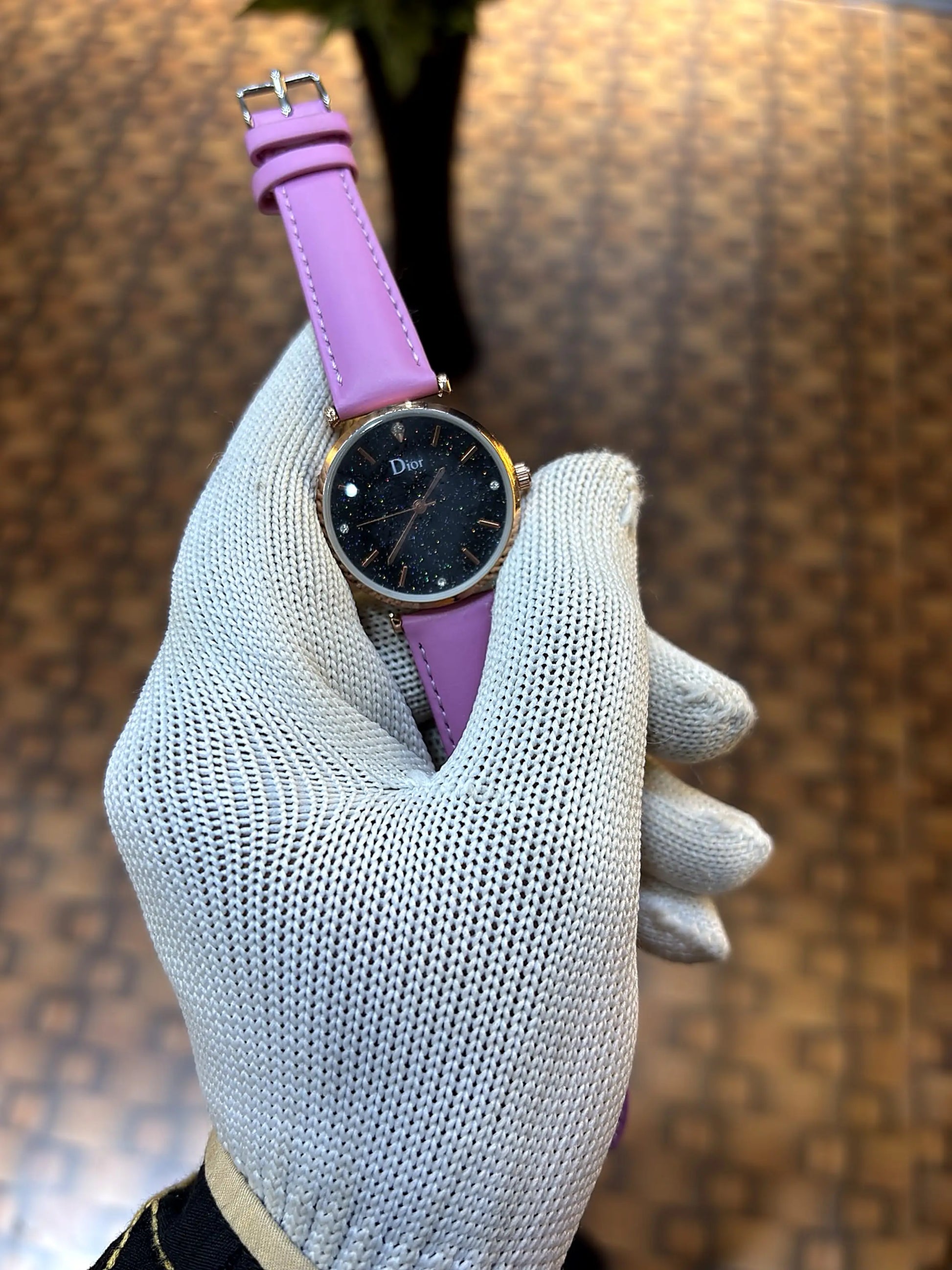 Dior Starry Night Black Dial Rose Gold Pink Leather Strap Watch for Women