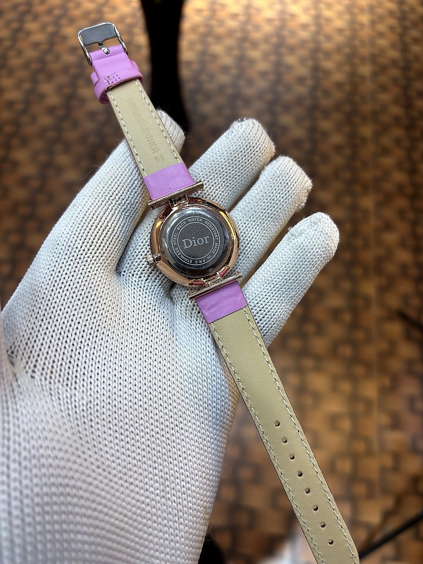 Dior Starry Night Black Dial Rose Gold Pink Leather Strap Watch for Women