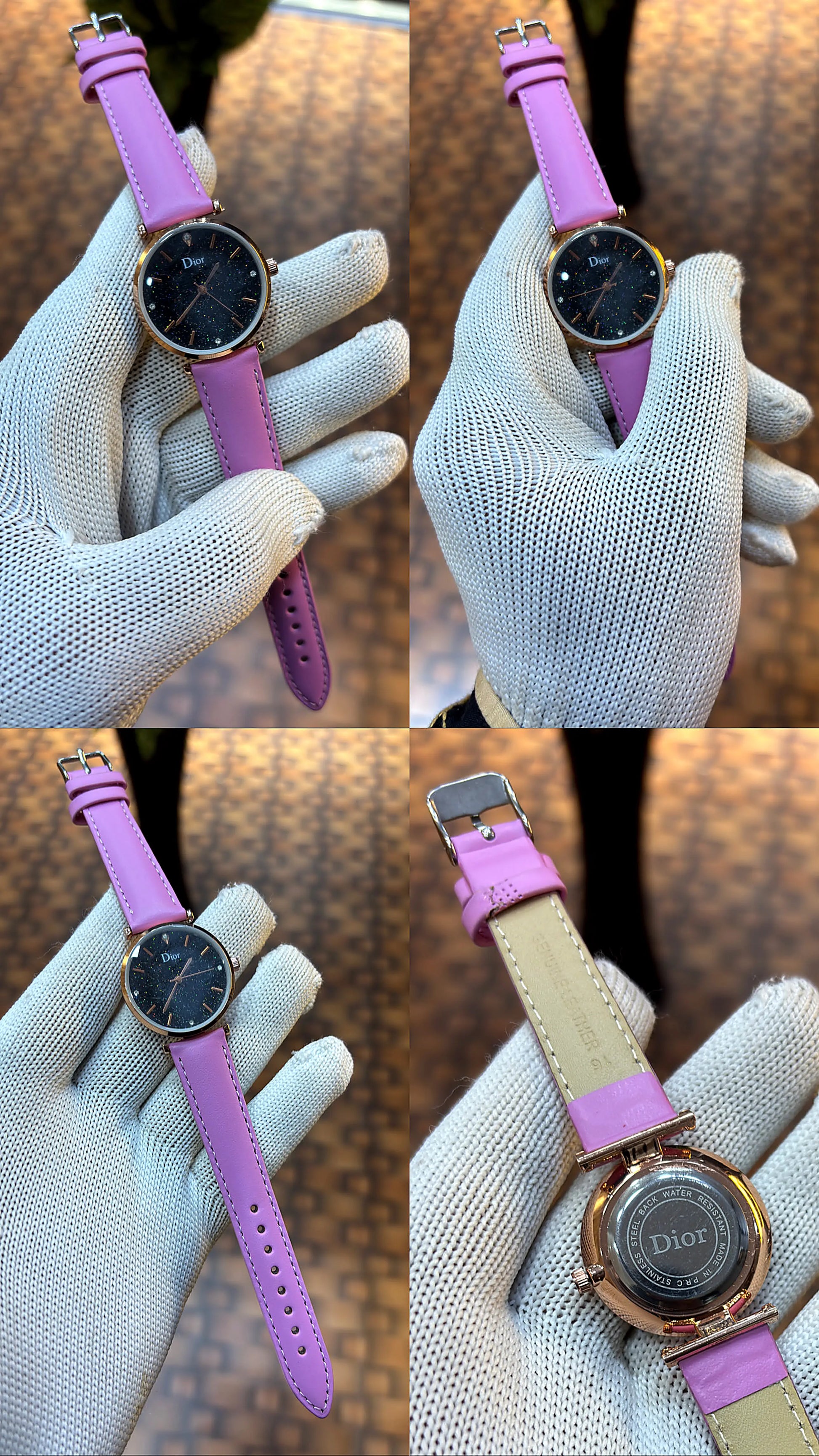 Dior Starry Night Black Dial Rose Gold Pink Leather Strap Watch for Women