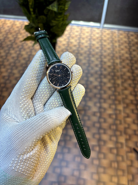 Dior Starry Night Black Dial Rose Gold Green Leather Strap Watch for Women