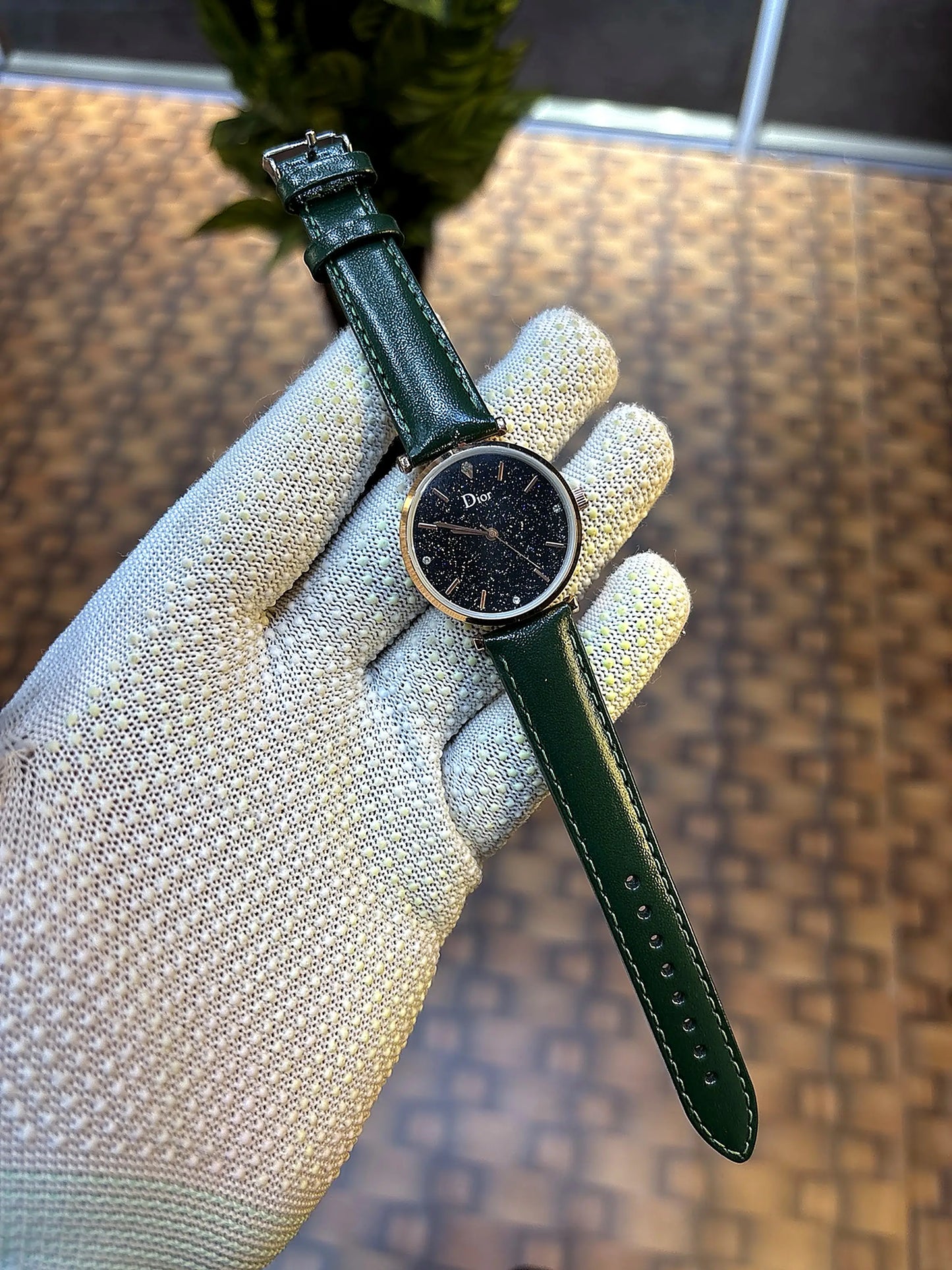 Dior Starry Night Black Dial Rose Gold Green Leather Strap Watch for Women