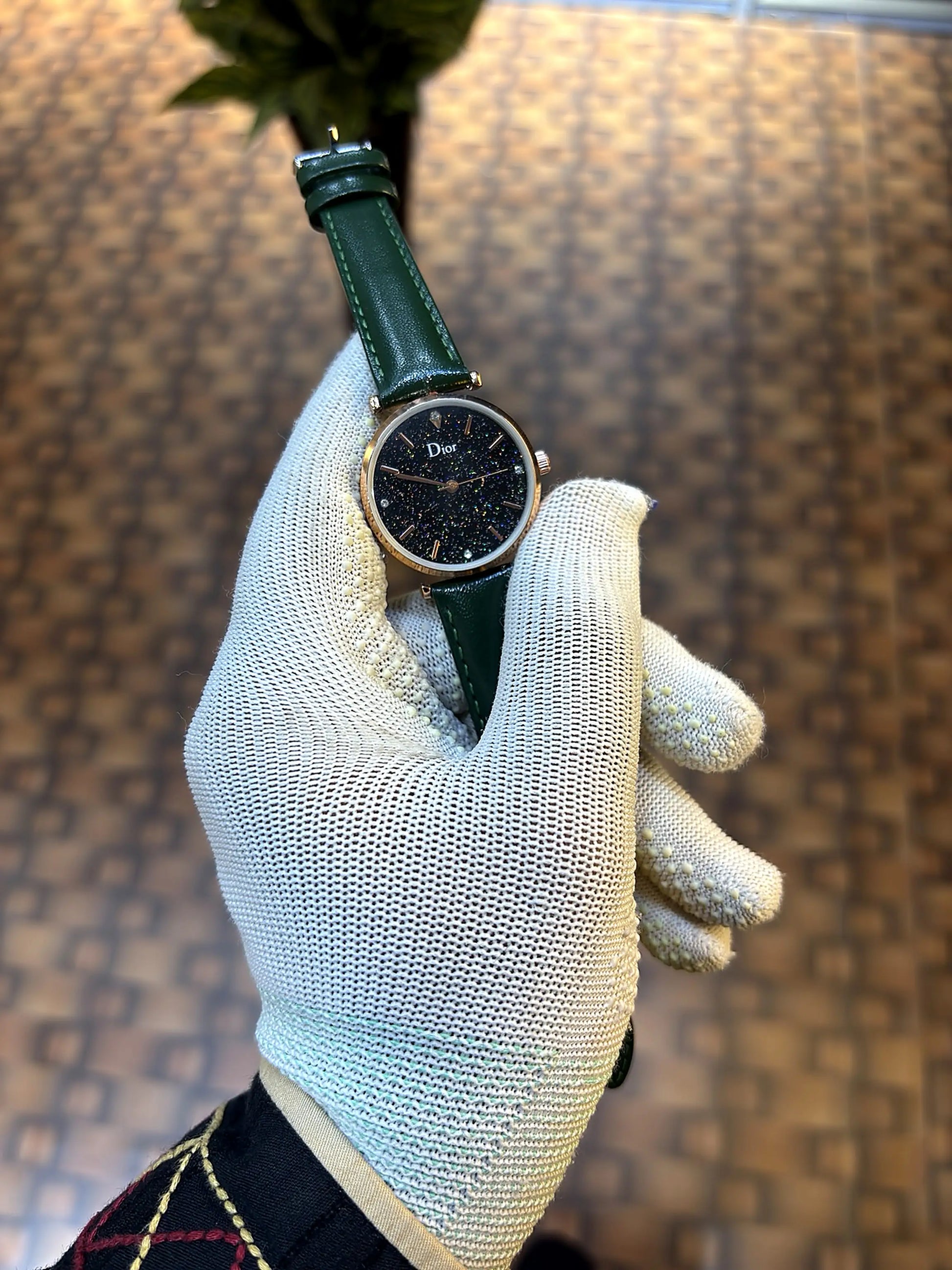 Dior Starry Night Black Dial Rose Gold Green Leather Strap Watch for Women